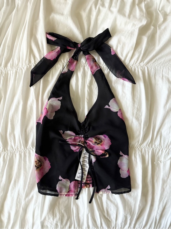 Urban Outfitters Tops - Black Halter Top with Pink Floral Print